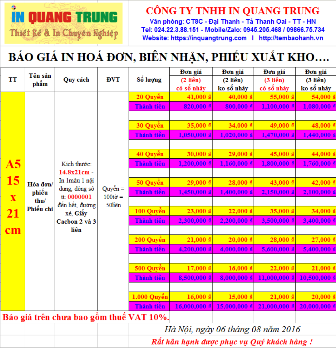 Báo giá in hóa đơn A5, 2 liên, 3 liên